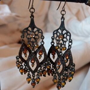 Vintage Bronze and Amber Drop Earrings
